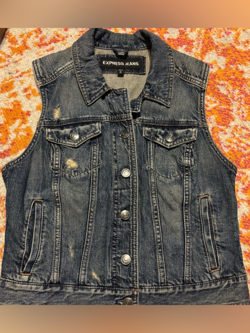 Express Distressed Dark Blue Denim Vest